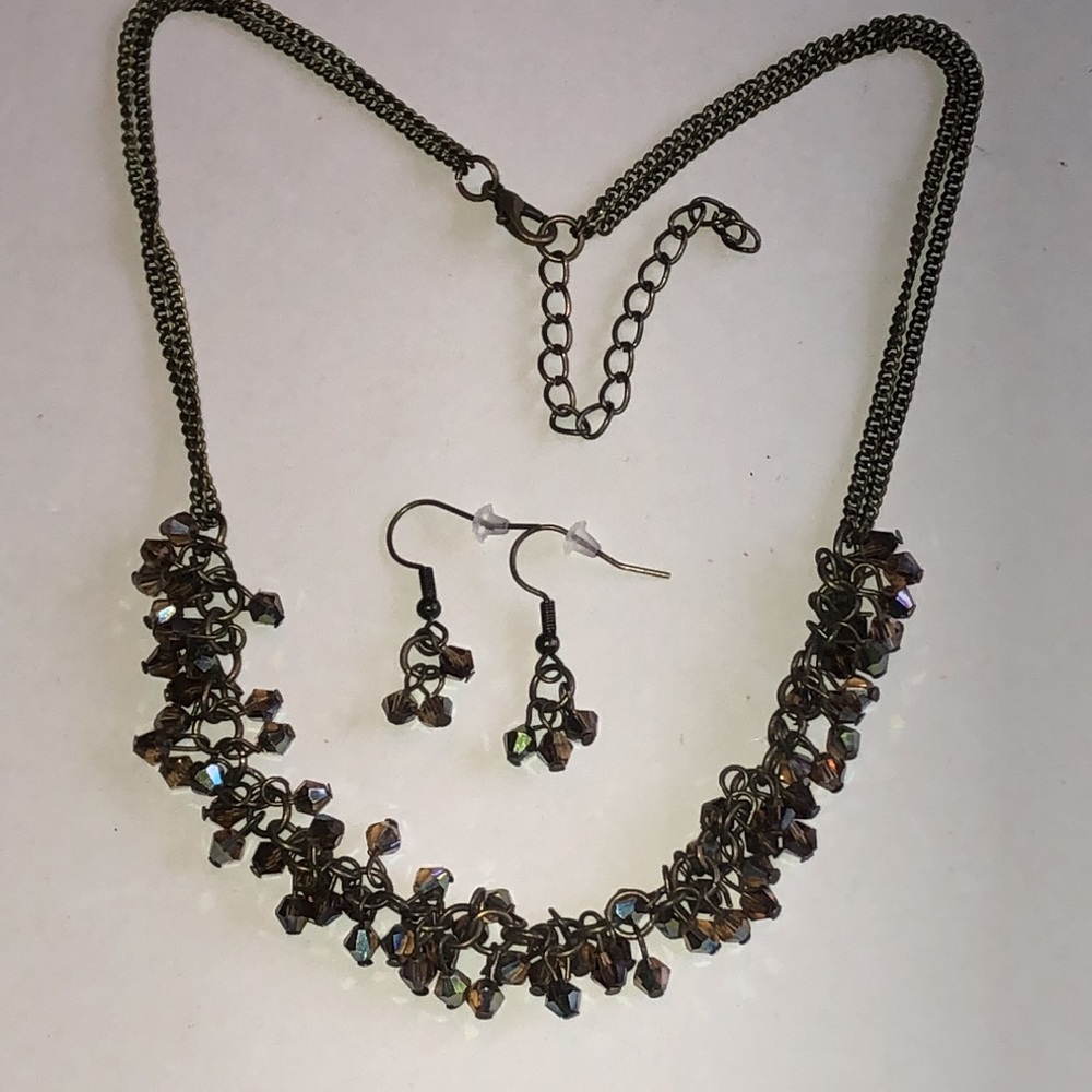 Crystal Cluster Necklace and Earrings Set - Iridescent Brown